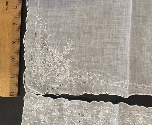 Vintage Pair Handmade Embroidered Bridal Hankie Handkerchief 12” Set 2 - Picture 5 of 6