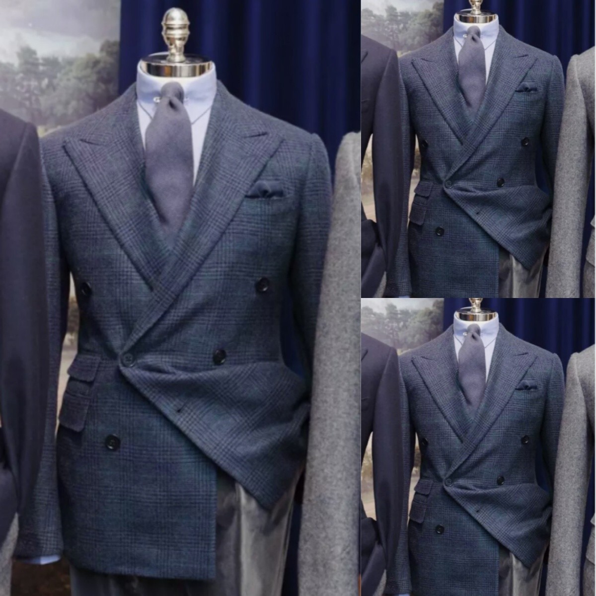 Houndstooth Men Suits Navy Peak Lapel Jacket 2 Pcs Double Breasted