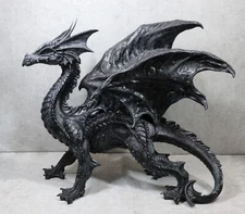 Large 24"L Nightfury Black Shadow Dragon Standing With Perched Up Wings Statue