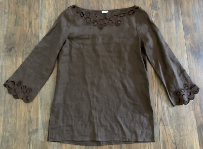 Agnona Women's 100% Linen Embroidered Top Brown 3/4 Sleeves Coastal Italy Small
