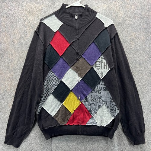 Desigual Pullover Damen XL schwarz Patchwork Mock Wolle Vintage Strick schwarz RAR