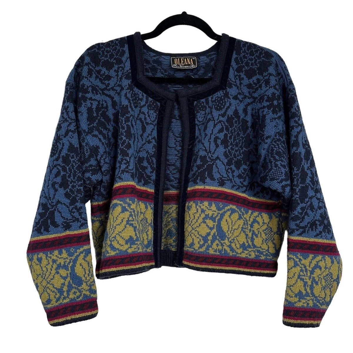 OLEANA Medium Navy Floral Velvet Trim Cropped Cardigan Sweater