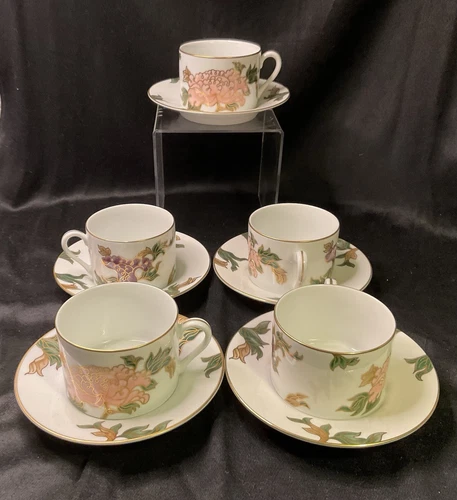 Fitz and Floyd- Cloisonne Peonly White- Flat Cup & Saucer- 5 sets