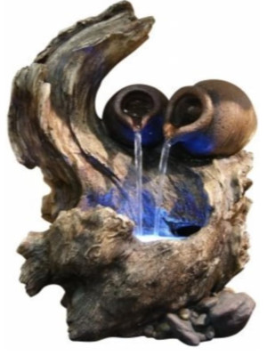 Alpine Two Jars on Tree Branch Tabletop Fountain w/LED Light, 14 Inch Tall