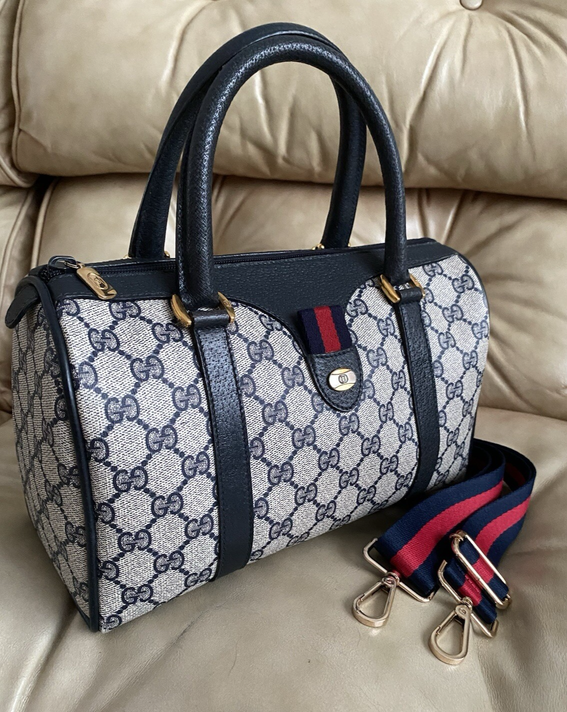 Vintage Gucci Ophidia GG Supreme Boston Bag in Navy with Web Stripe