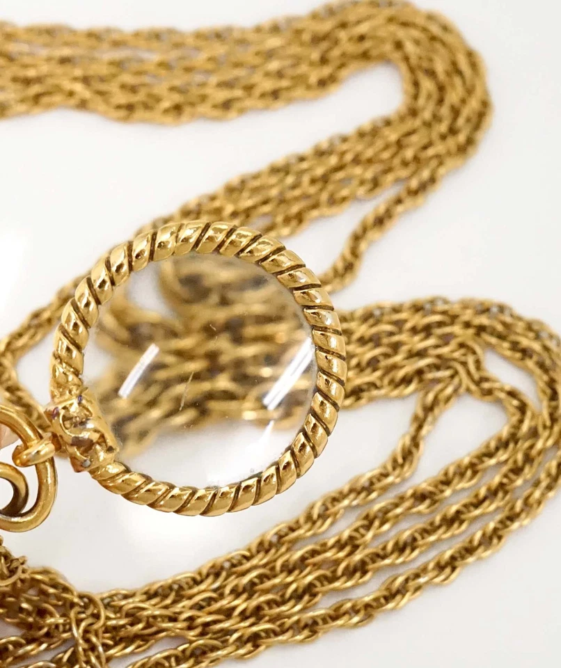 Auténtico collar de cadena doble lupa de cristal con logotipo CC de Chanel 37" tono dorado con caja Foto 4 de 4