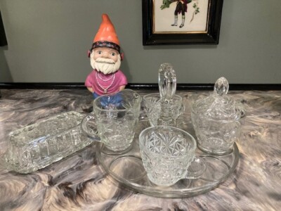 VINTAGE CLEAR GLASS BREAKFAST TEA COFFEE TIME SERVING PLATTER 6 PIECE SET