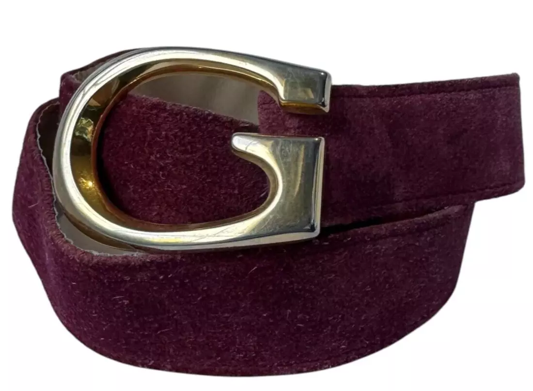 Ceinture vintage véritable GUCCI en daim prune avec boucle logo G doré 75 30