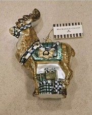 MACKENZIE CHILDS EMERALD REINDEER COURTLY CHECK CHRISTMAS HOLIDAY GLASS ORNAMENT