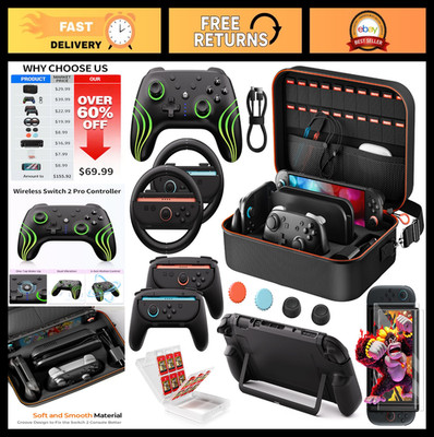 15-in-1 Nintendo Switch 2 Pro Controller Accessories Bundle - Carrying Case, Gri