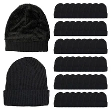 Yacht & Smith Sherpa Lined Winter Beanie in Solid Black (Assorted, 48 Pack)
