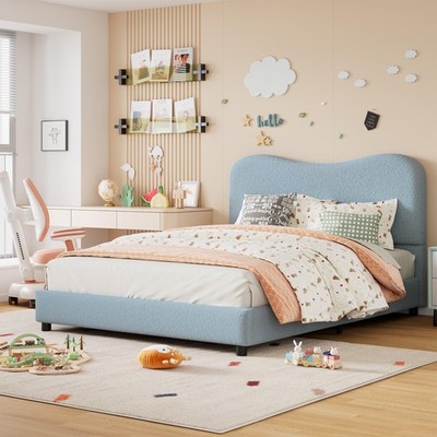 Twin King Queen Size Kids Upholstered Bed Frame Blue Platform Bed w/ Headboard