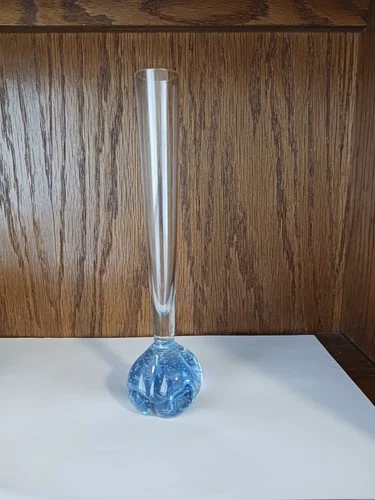 Vintage Murano-style Clear Glass Bud Vase With A Blue Lobed Paperweight Vase.