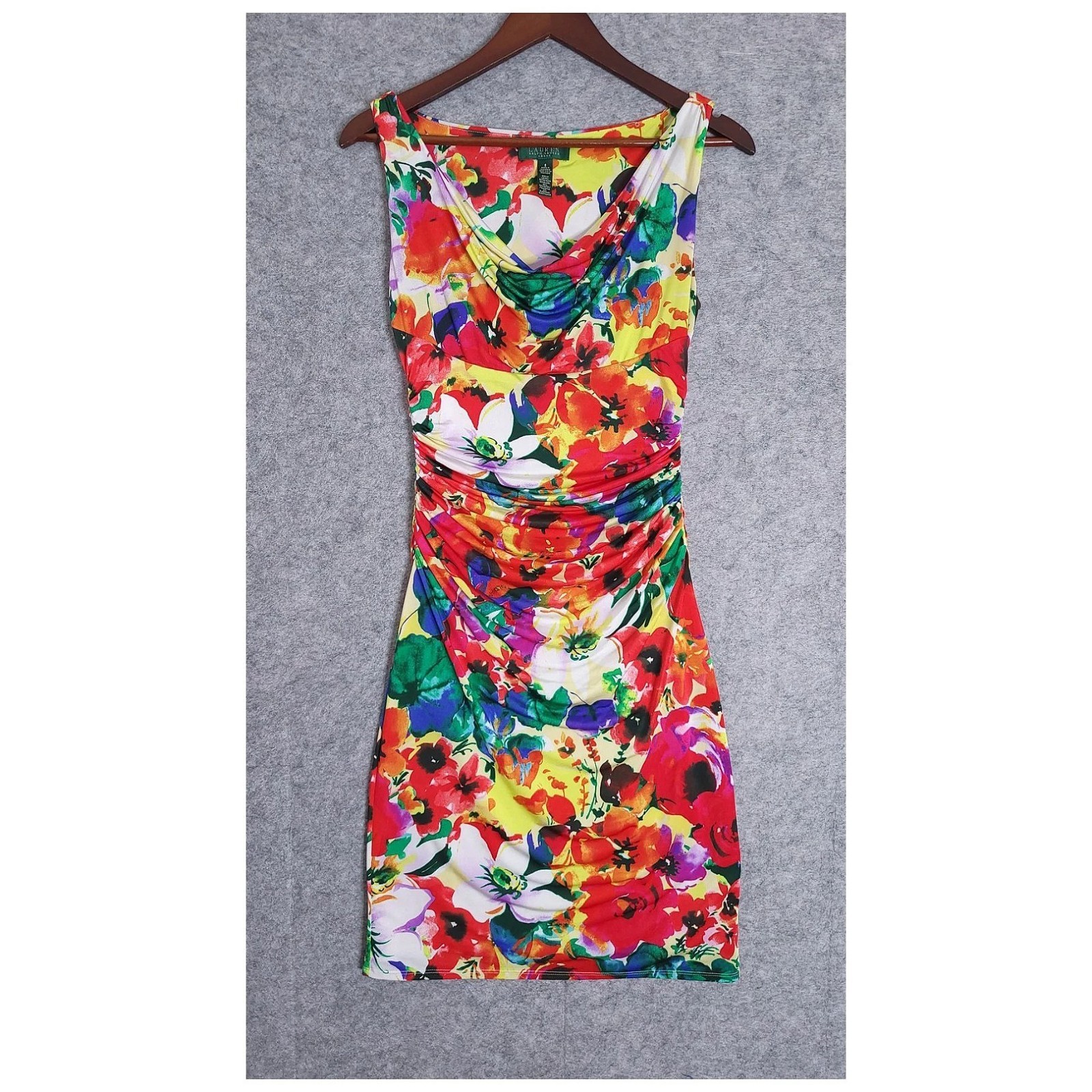Lauren Ralph Lauren Floral Ruched Draped Neck Sheath Dress Size 8