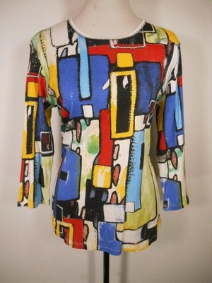 Beautiful Women's Small Jess & Jane Blue Box Design Long Sleeve Knit Top