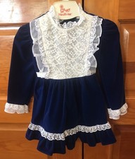Vintage Navy Blue Girls Dress H.R.H. 3t Velvet USA Union Made Vguc 1980s