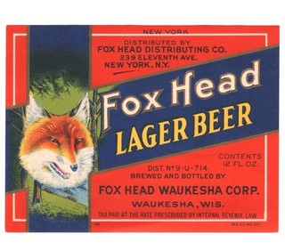 Fox Head beer label IRTP U Permit Waukesha WI NY 1930s