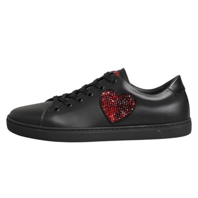 DOLCE & GABBANA Schuhe Schwarz Leder Crystal Heart Low Top Sneaker EU35 / US4,5