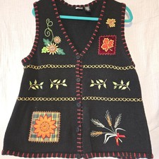 Holiday Editions Sweater Vest Women L Black Knit Fall Autumn Thanksgiving
