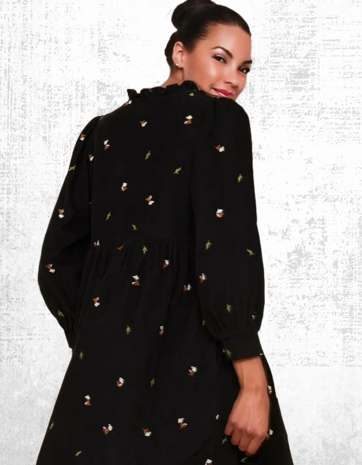 Ex WYSE Women’s Long Sleeve Embroidered Cord Dress in Nina Black/Multi RRP £250 - Image 4 of 4