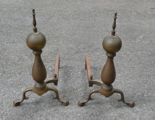 Vintage Antique Pair of Heavy Brass Cannonball Fireplace Andirons 19" Tall - Picture 2 of 12