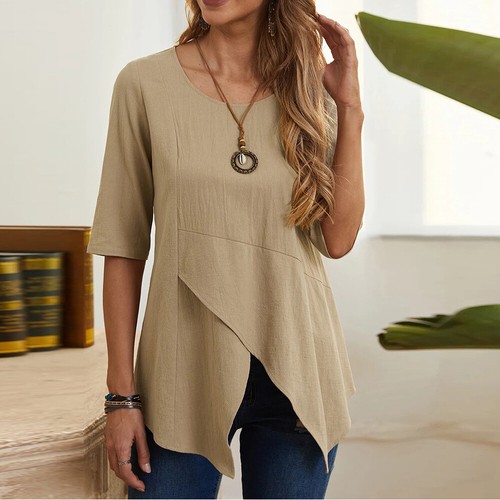 Womens Summer Short Sleeve Tee T Shirt Blouse Ladies Plain Tunic Tops Plus Size - Picture 14 of 18