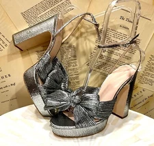 Anthropologie Loeffler Randall Natalie Platform Bow Heels Silver Pleated 10 NEW