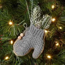 Knit Mitten with Faux Greenery Christmas Tree Ornament Gray - Wondershop