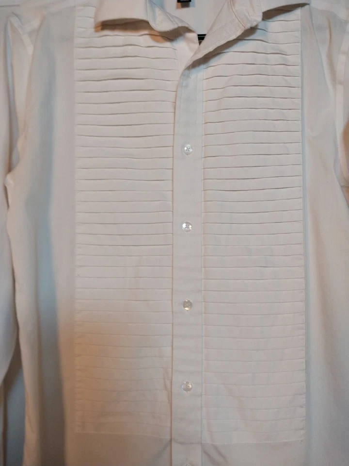 ALFANI Men's Slim Fit Pleated Panel Formal Solid White Shirt Tuxedo SZ S - Image 2 of 4
