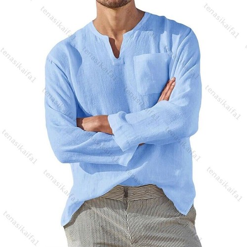 Herren Leinen-Optik Langarmshirt Hemd Stehkragen Freizeit Hemden Täglich T-Shirt - Bild 10 von 17