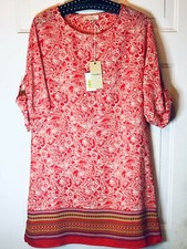 NWT Freeway Shift Dress Sz M 3/4 Roll Up Sleeve Orange/White/Green Paisley