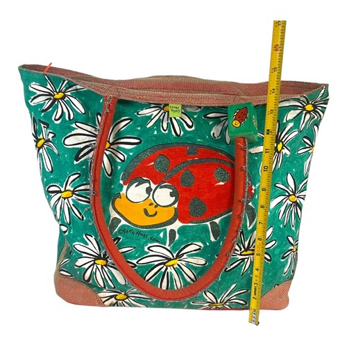 Sally Huss Sunny Thoughts Cotton Tote Bag Ladybug Daisies Design Red & Green 15" - Picture 15 of 16