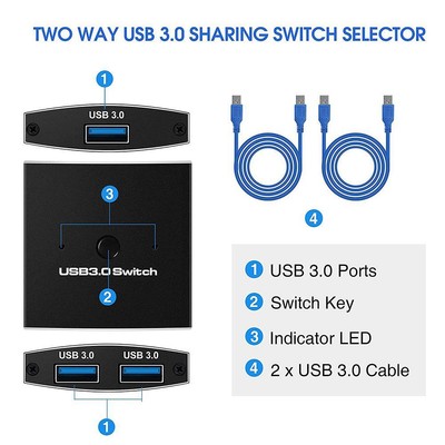 USB 3.0 Switch Selector KVM Switch 5Gbps 2-in-1 Out 3.0 Two-Way Sharer USB Z1F8