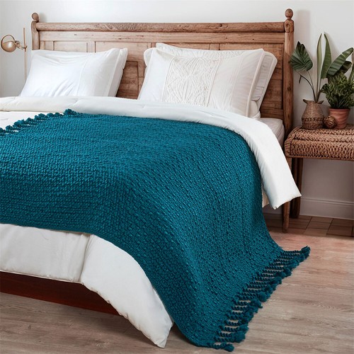 Chunky Knit Throw Blanket w/ Braided Tassels Soft Thick Yarn Basket Weave Boho - Picture 53 of 73