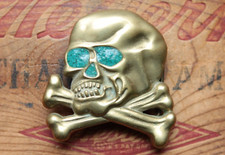 Vtg Solid Brass Cast Skull Bones Crossbones Turquoise Inlay Bikers Belt Buckle