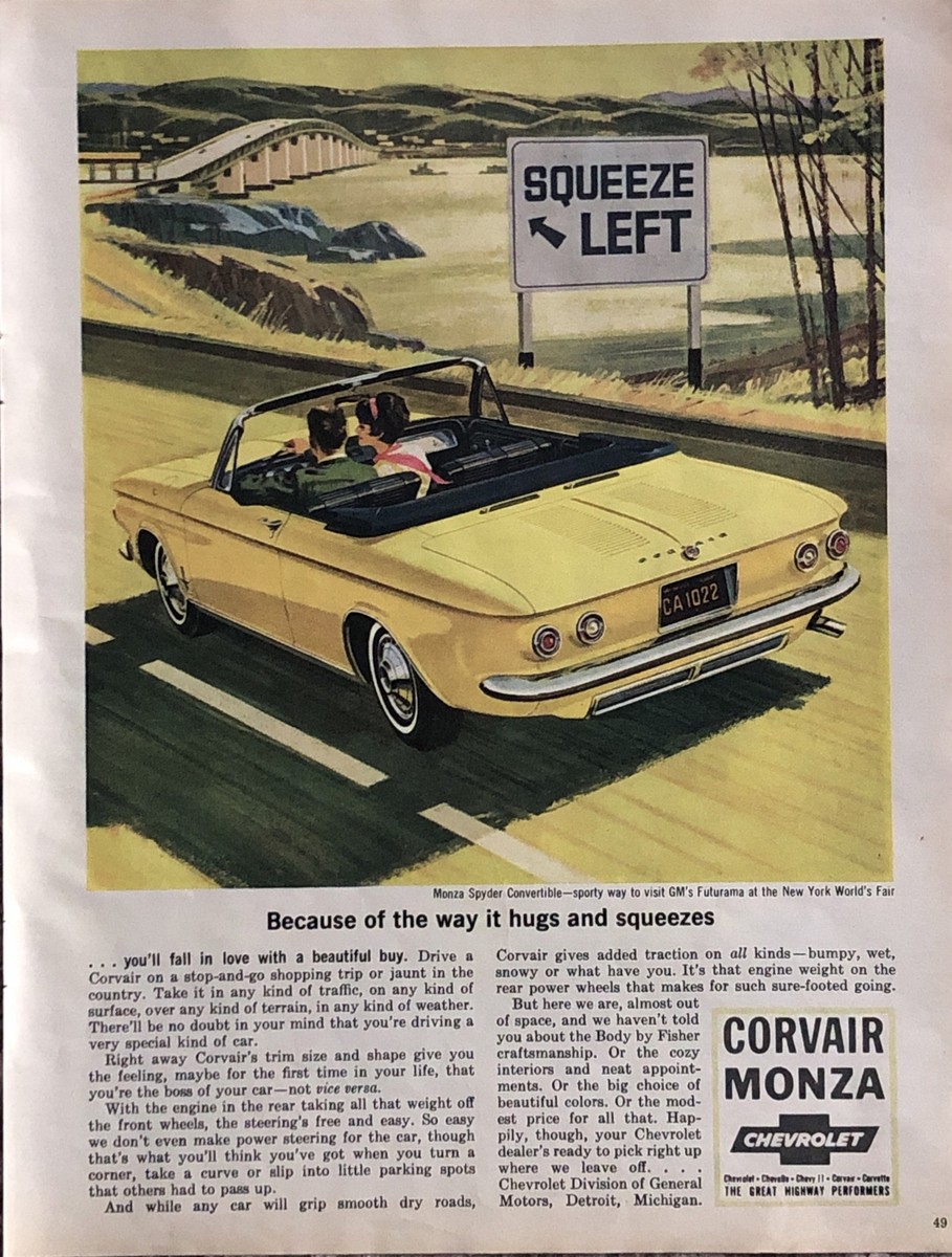 1964 Chevy Corvair Monza Spyder Convertible PRINT AD Highway