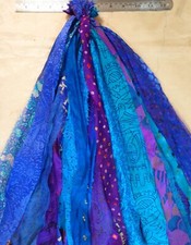12 yards Unstitched PURE Silk Sari Ribbon Yarn tassels AQUA BLUE VIOLET CRAFT NR