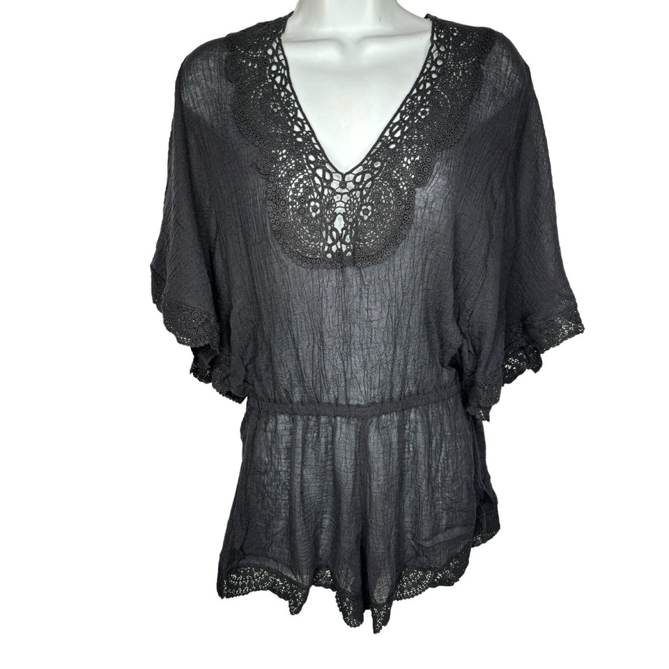 Eberjey NWT Women Solid Liberty Lace Trim Romper Black Crochet Swim