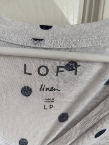 Ann Taylor LOFT Linen Short Ruffle Sleeve Top White/Navy Poka Dot Size Lg Petite - Picture 2 of 4