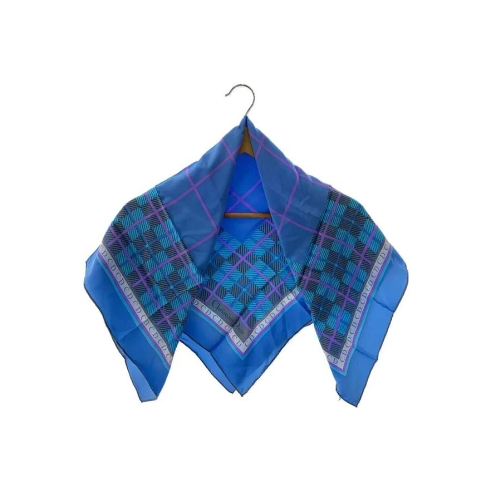 Christian Dior foulard carré soie 31x29 pouces carreaux bleu soie 04870a