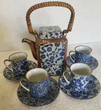 TAKAHASHI TEAPOT CUPS and 4 SAUCERS Blue  Brown Japanese San Francisco EUC 