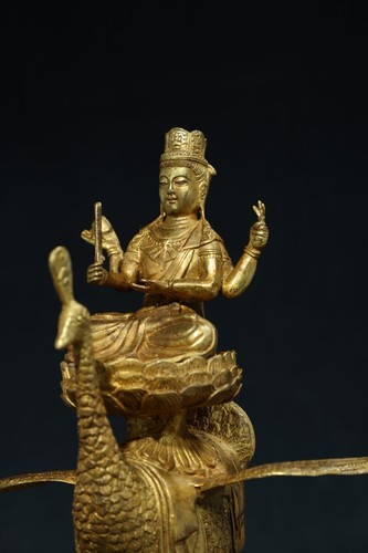 Statua antica 11" tibetano buddismo tempio bronzo dorato pavone re ming - Foto 7 di 9