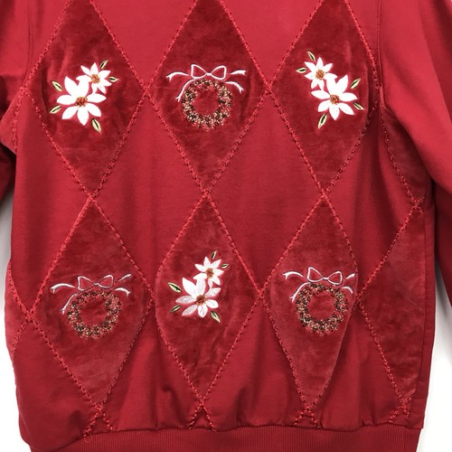 Vtg Alfred Dunner Christmas Sweatshirt Top Womens S Red Velour Embroidered Beads - Picture 2 of 7
