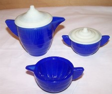 Akro Agate American Maid 3 Piece Blue Tea Set with Glowing Lids