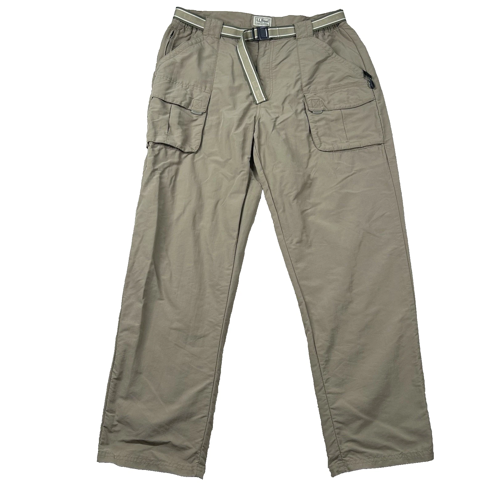 LL Bean Pants Mens L Reg Cargo Hiking Fishing Belted Outdoor Performance Nylon