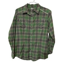 Rock 47 by Wrangler Shirt Women  s Size L Plaid pearl snaps stitch flap pockets