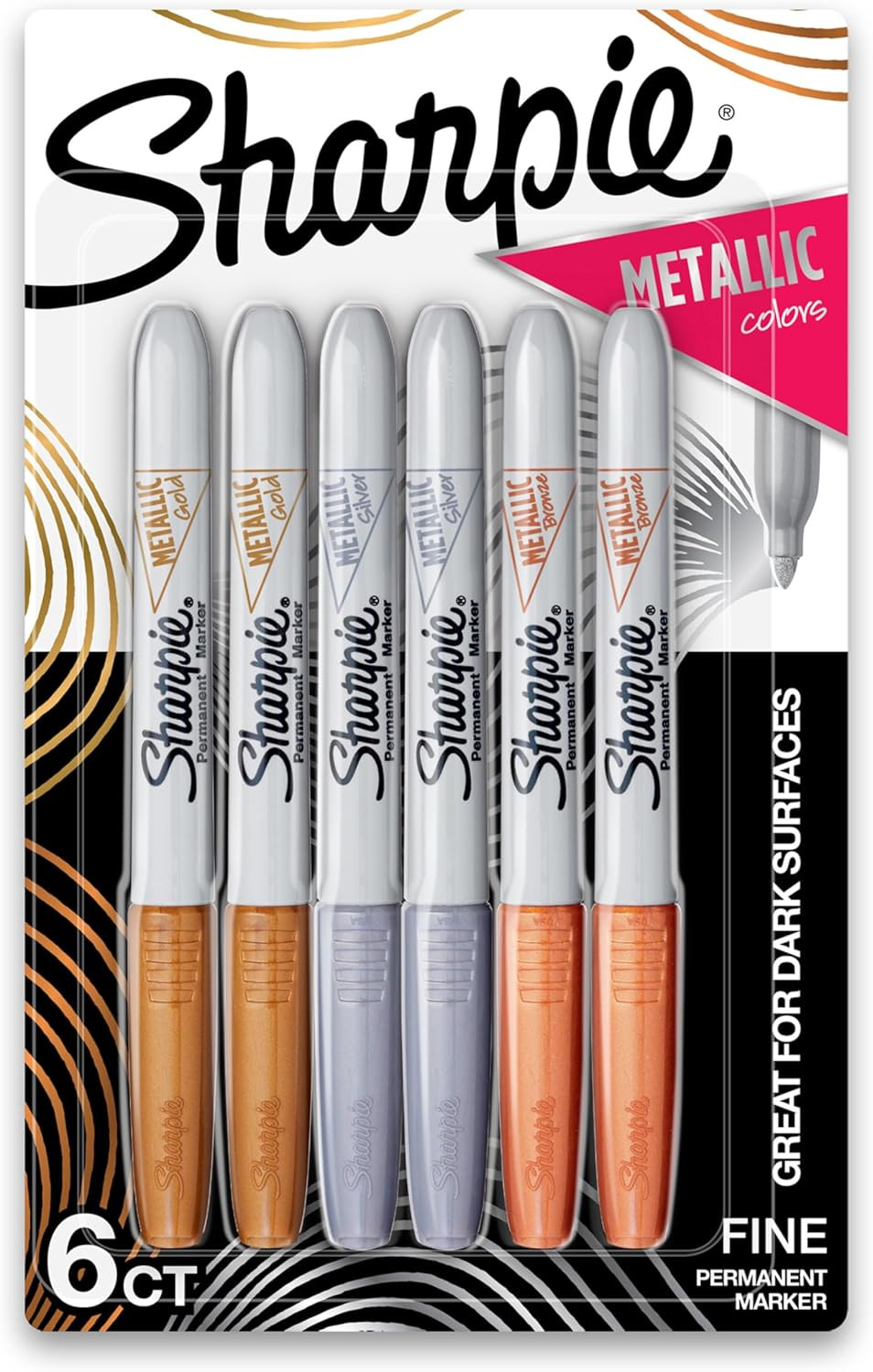 Metallic Permanent Markers, Fine Point, Gold Silver Bronze, 6 Count