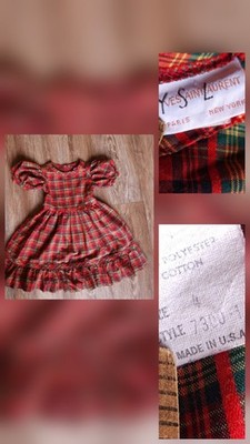 VTG Yves Saint Laurent Kids Dress 4 Red Green Plaid Holiday Cottagecore YSL
