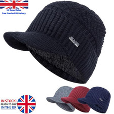 MENS PEAKED KNIT WINTER WARM FLEECE LINED CAP HAT BEANIE EAR FLAPS WORK OUTDOOR