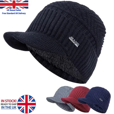 MENS PEAKED KNIT WINTER WARM FLEECE LINED CAP HAT BEANIE EAR FLAPS WORK OUTDOOR